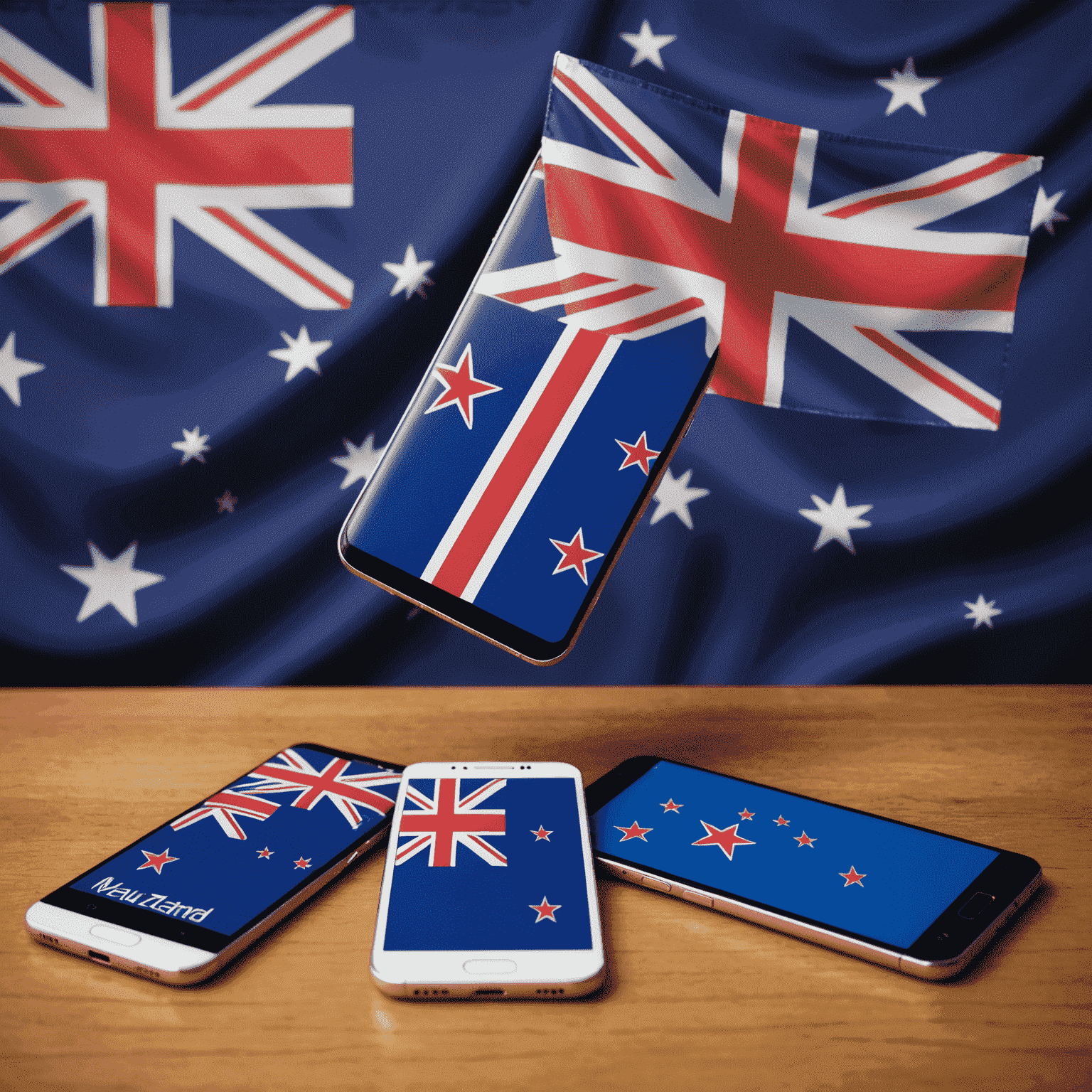 Various new smartphone models displayed on a sleek table with New Zealand flag in the background