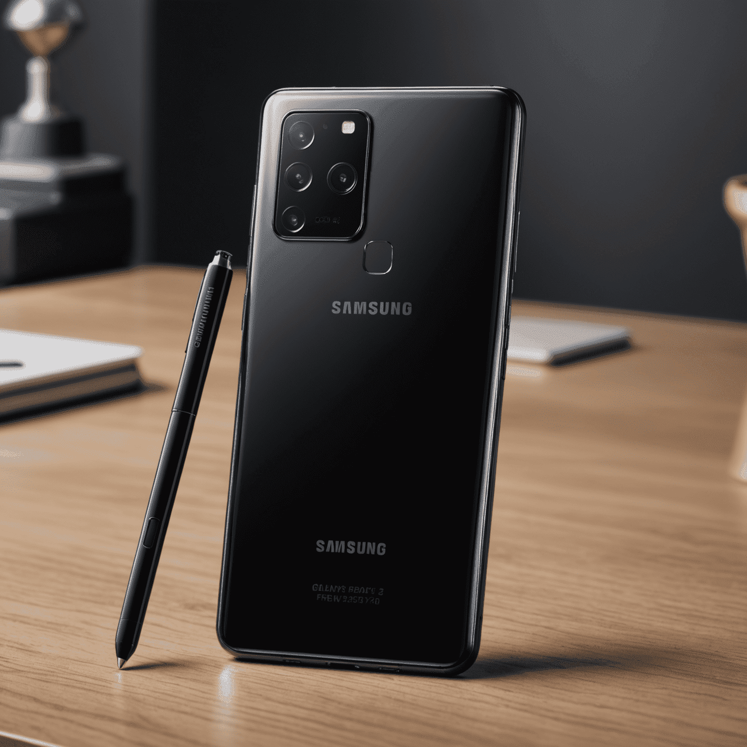 Samsung Galaxy S23 Ultra in phantom black, displaying its S Pen and quad-camera setup
