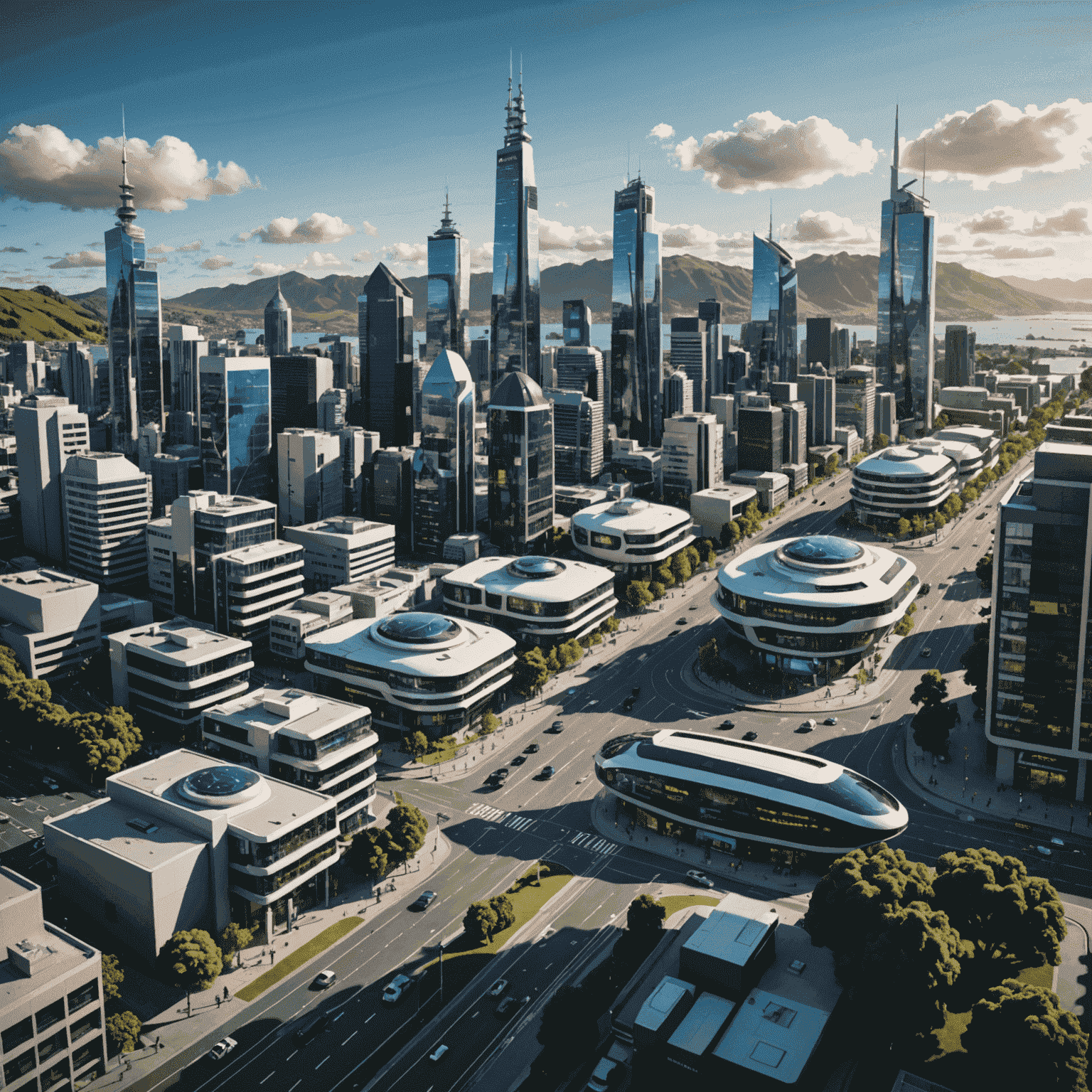 Futuristic cityscape of a New Zealand city showcasing 5G-enabled technologies such as autonomous vehicles, smart buildings, and people using advanced mobile devices